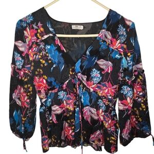 Tanya Taylor Black Floral Dutch Garden Silk Blend Blouse Size 4